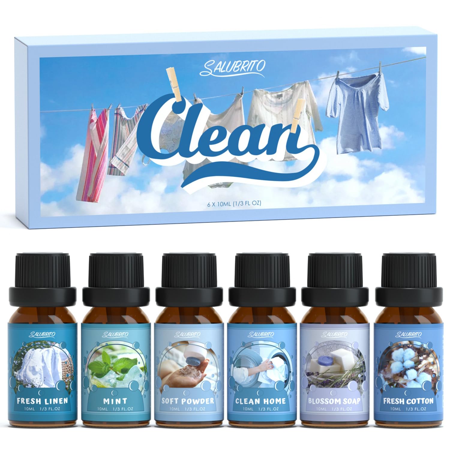 Salubrito Clean Fragrance Oils Set cotton bundle promotes a fresh, inviting home atmosphere.