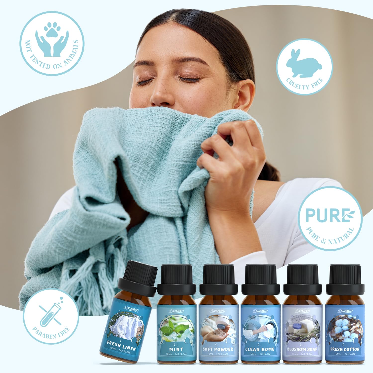 Salubrito Clean Fragrance Oils Set fresh linen elevates laundry and textiles with scent.