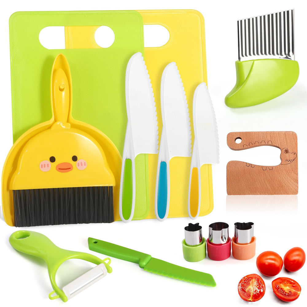 Salufo 14pc Montessori knife set for safe pretend cooking and kid-friendly learning.