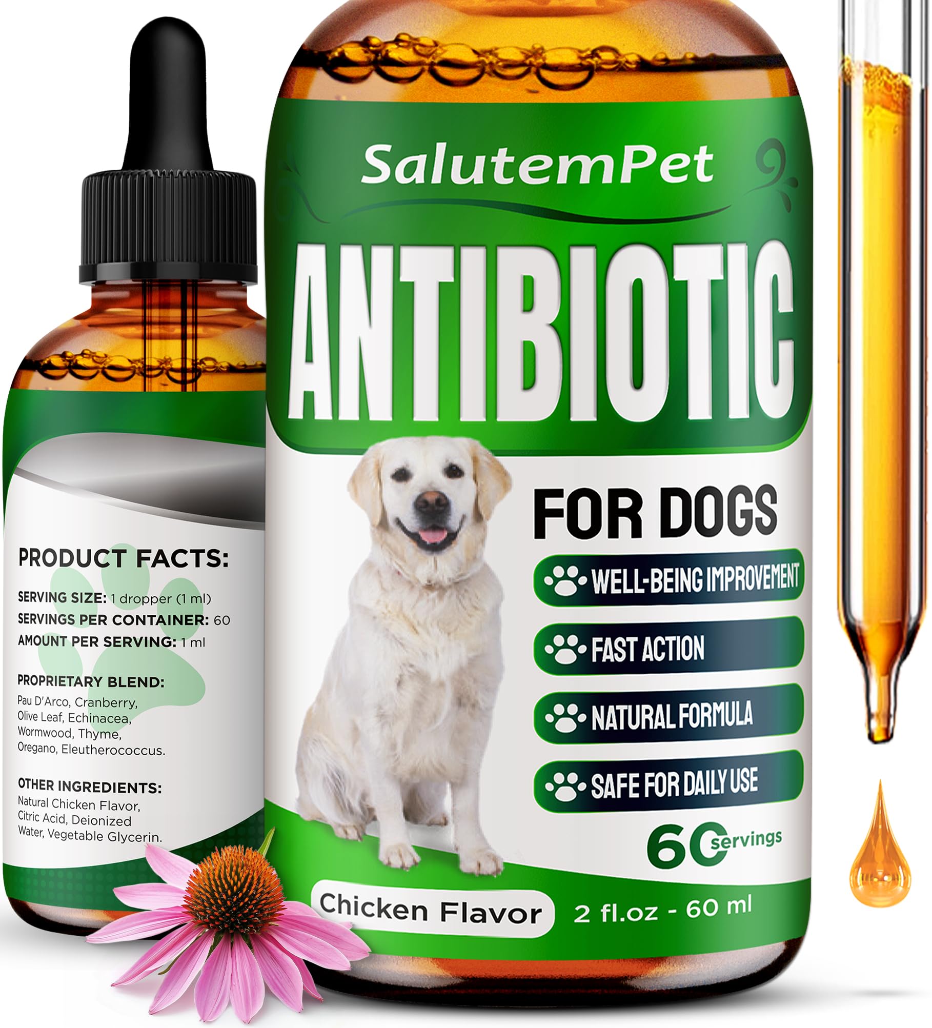 SalutemPet dog antibiotics bottle displaying chicken flavor for infections and itching relief.