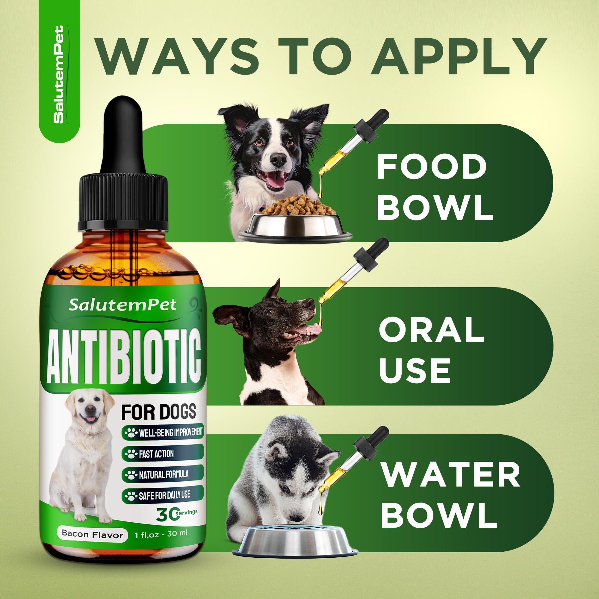 SalutemPet natural ingredients label highlighting gentle support for dogs of all ages.