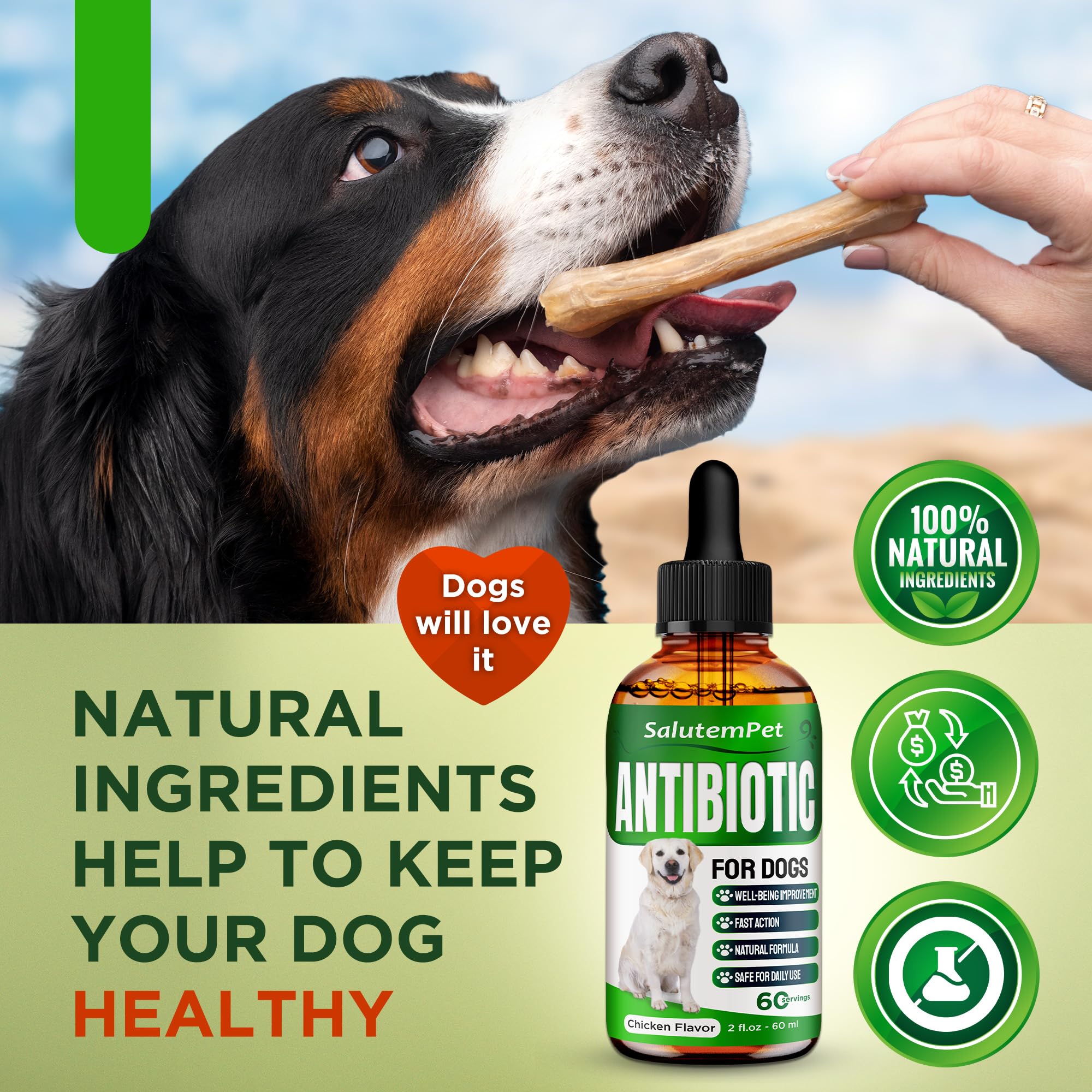 SalutemPet chicken-flavored solution aiding wound healing and overall comfort.