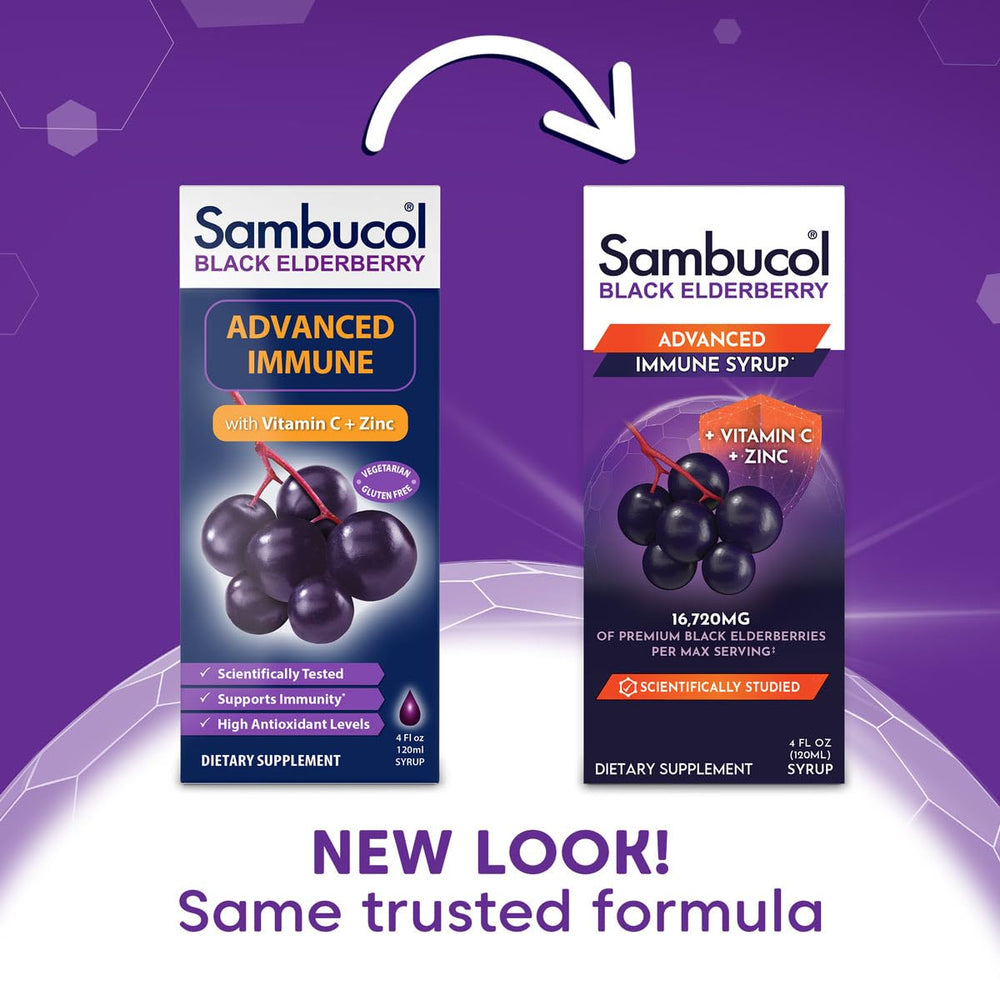 Pouring Sambucol Advanced Syrup shows easy daily immune support with vitamin C and zinc.