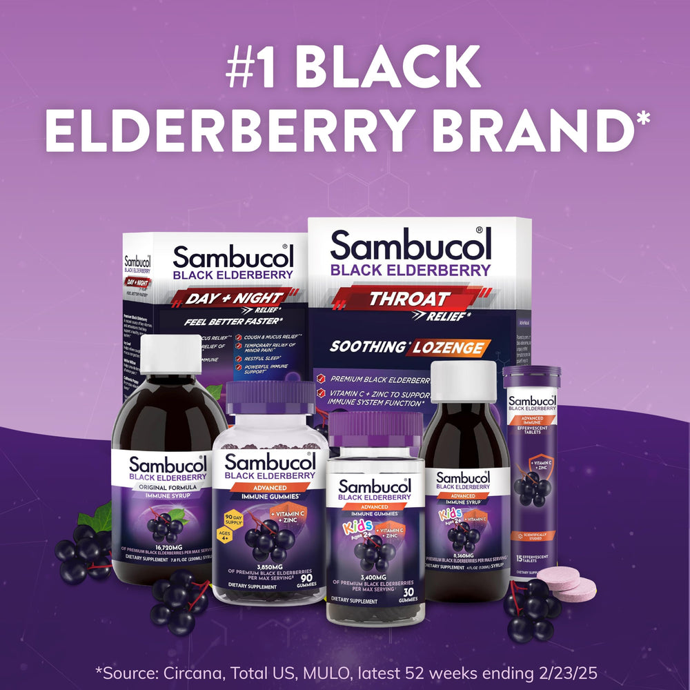 Sambucol berry-colored gummies ready for daily immune support.
