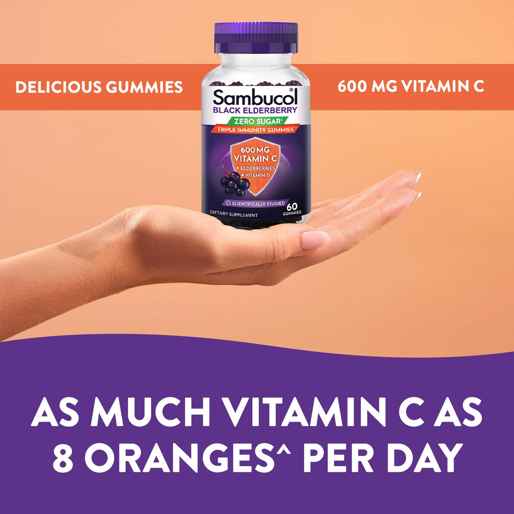 Sambucol front label shows Vitamin C and D3 benefits for daily use.