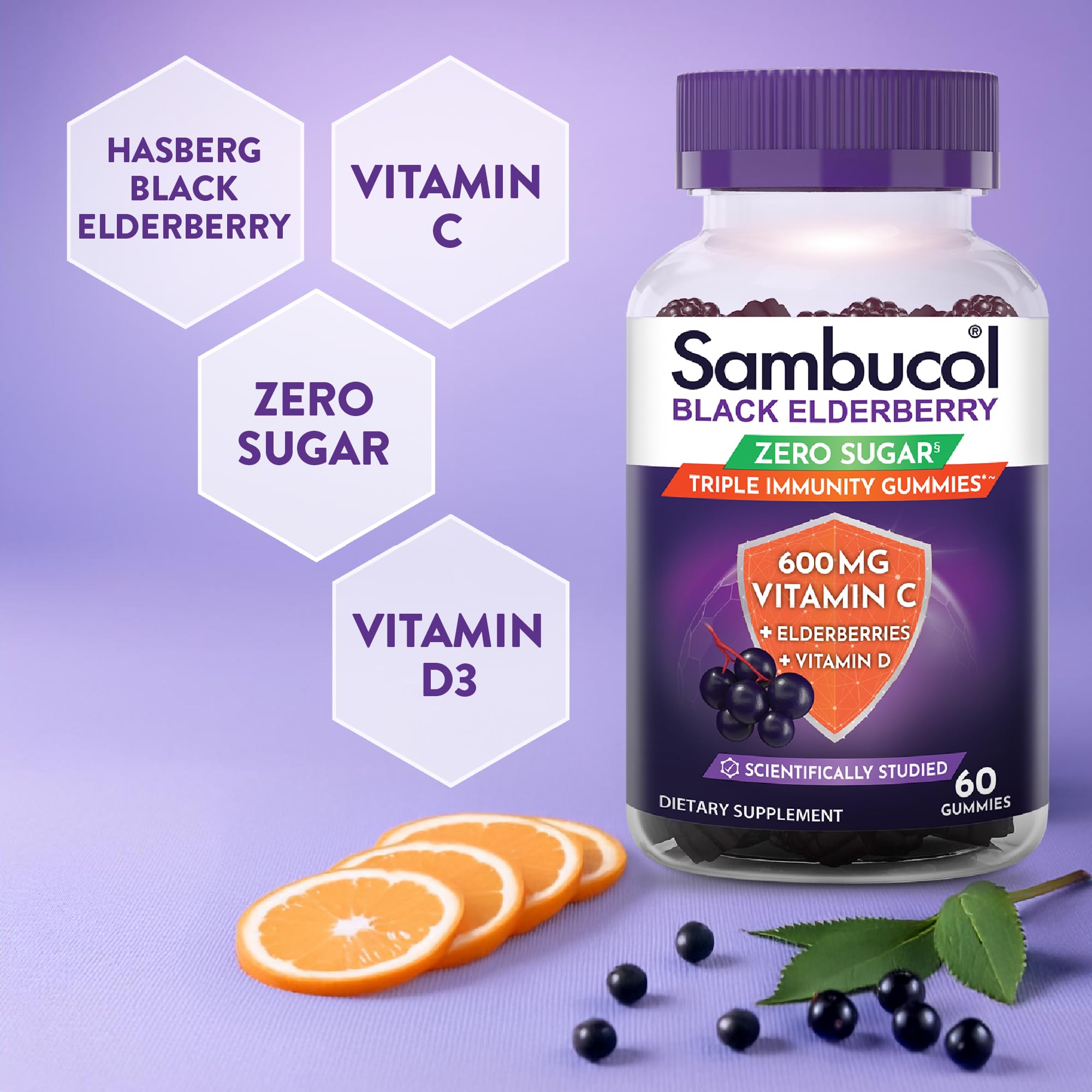 Sambucol gummies shown as chewable berry format for kids and adults.