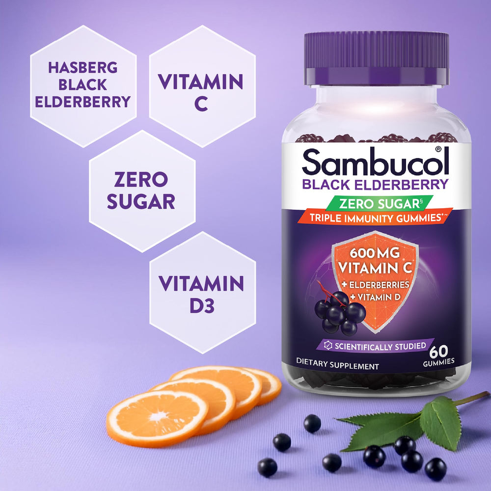Sambucol gummies shown as chewable berry format for kids and adults.