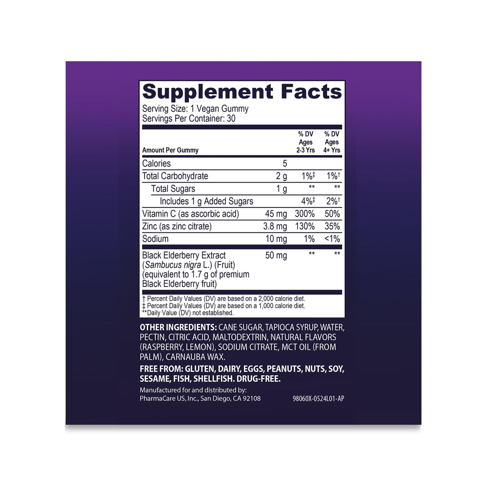 Sambucol Kids no artificial flavors label for clean ingredients