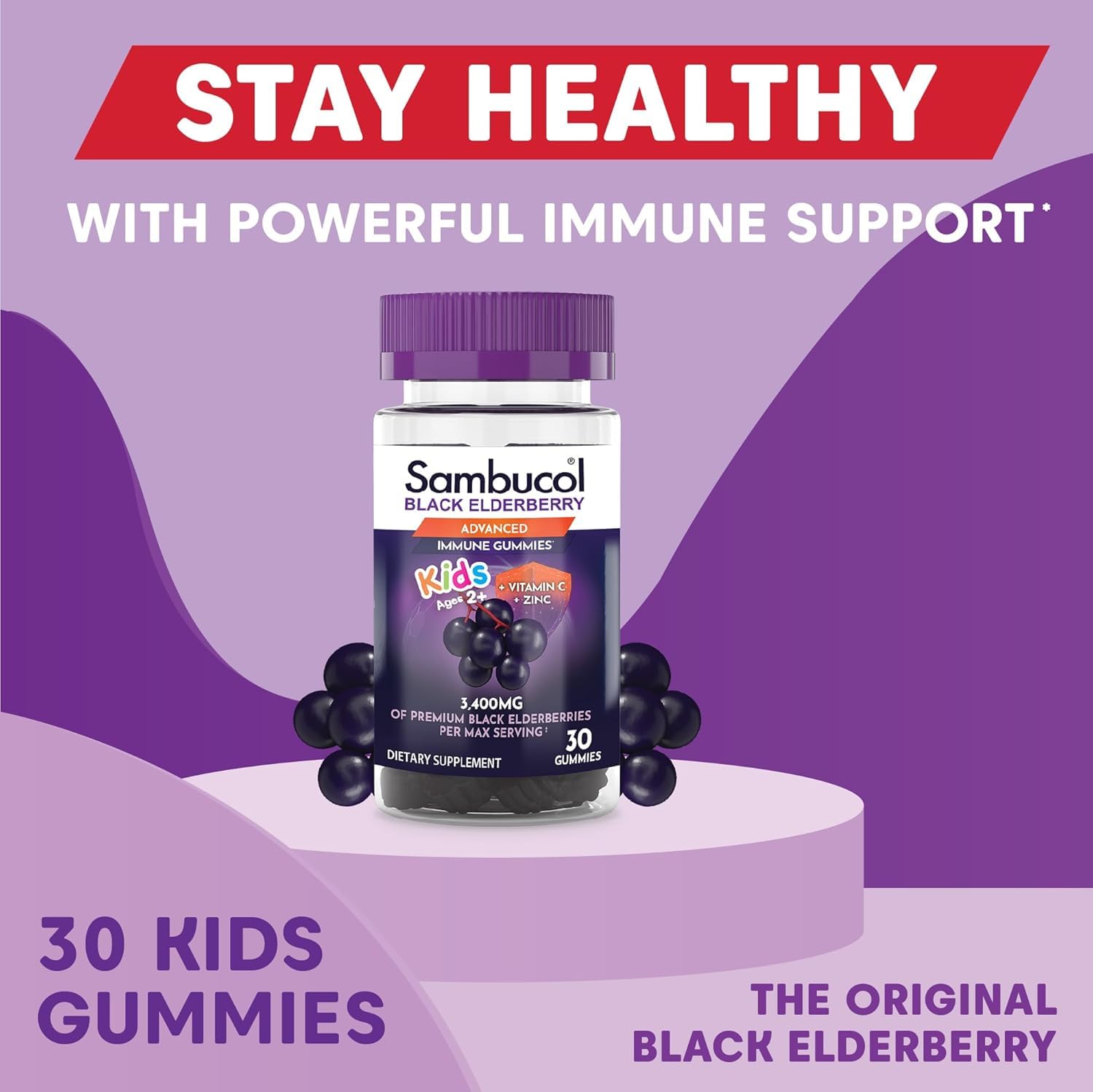 Sambucol Kids berry-flavored gummies displayed for easy daily use