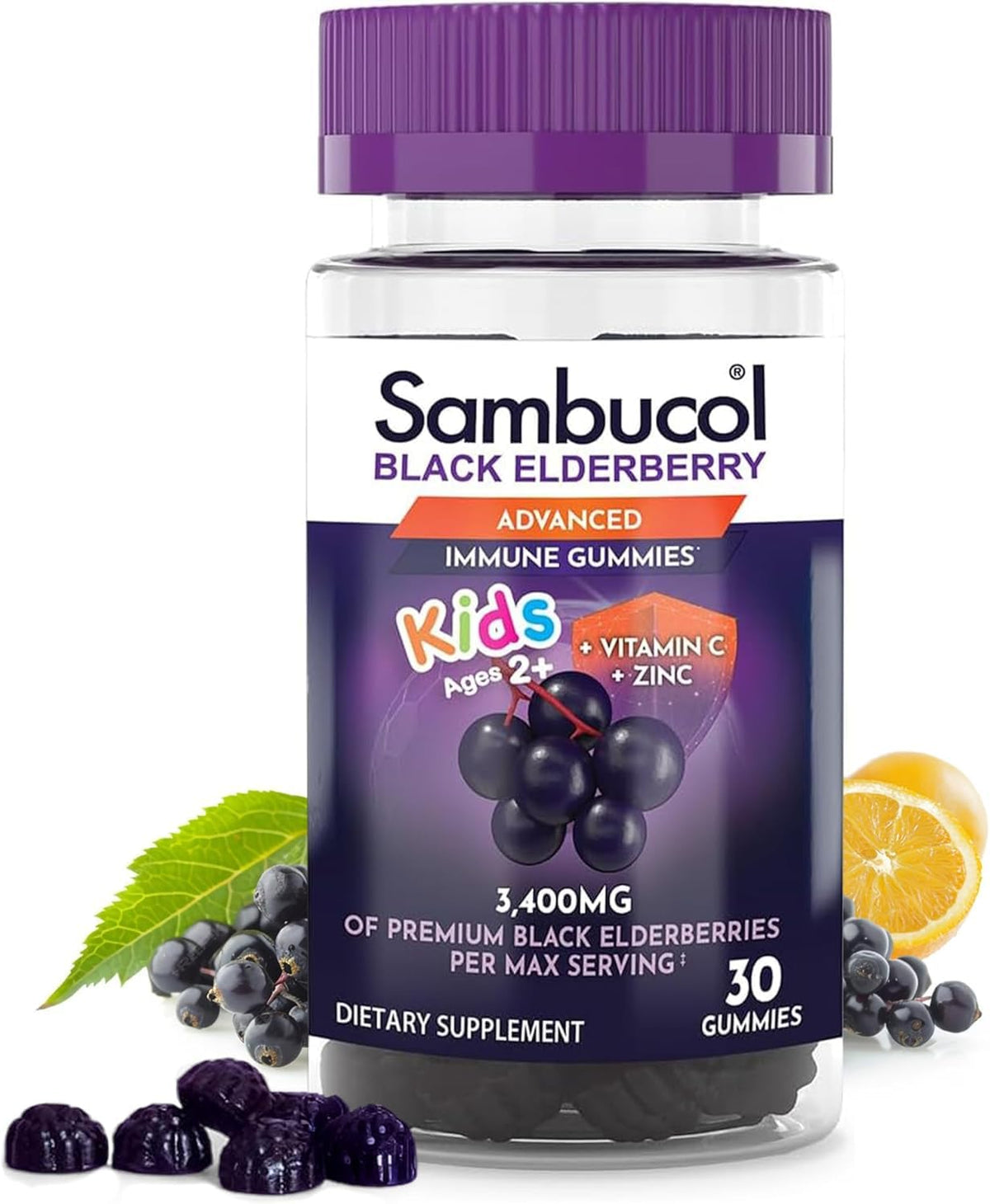 Sambucol Kids Elderberry Gummies bottle showing berry flavor for daily immune support
