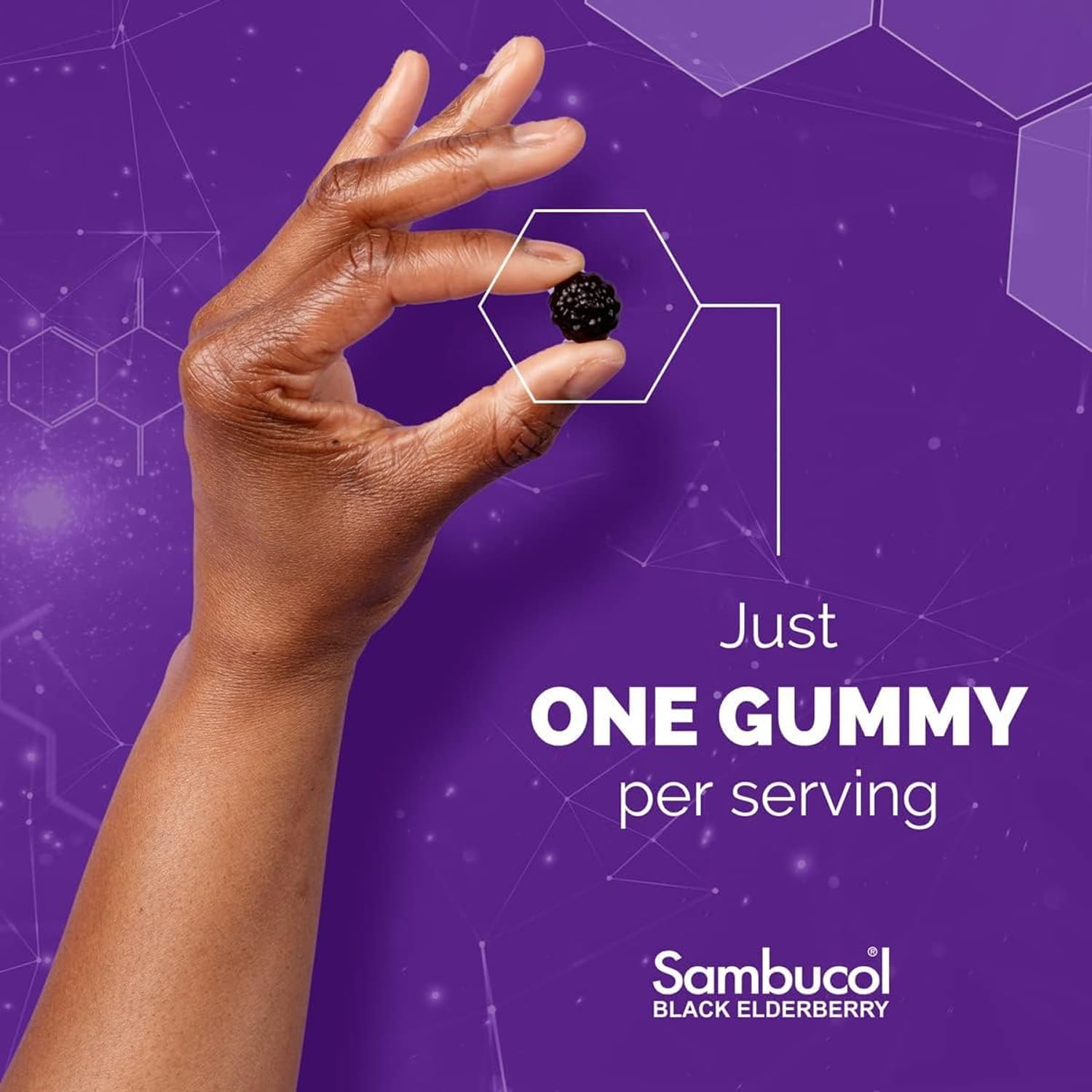 Sambucol Kids Elderberry Gummies close-up highlighting chewy texture and berry taste