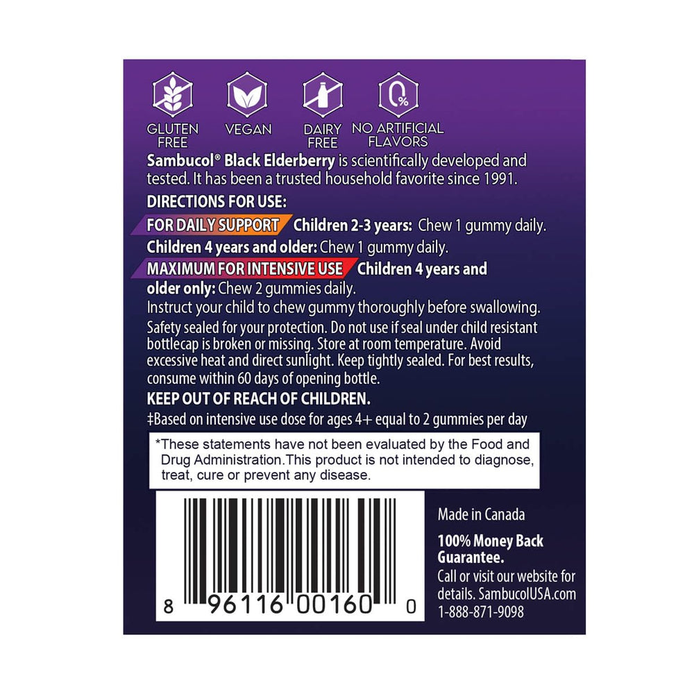 Sambucol Kids bottle with no nuts and dairy-free indicators