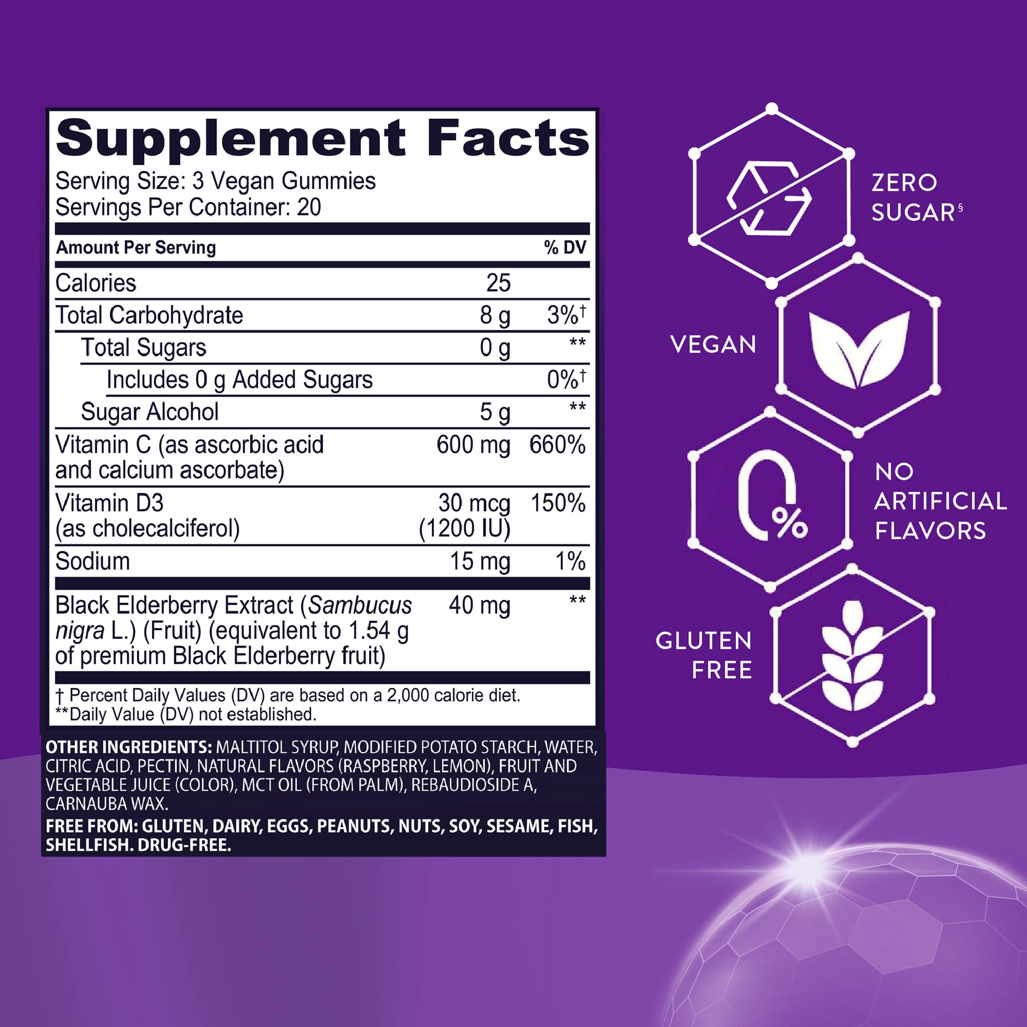 Sambucol gummies close-up highlighting berry color and sugar-free formula.