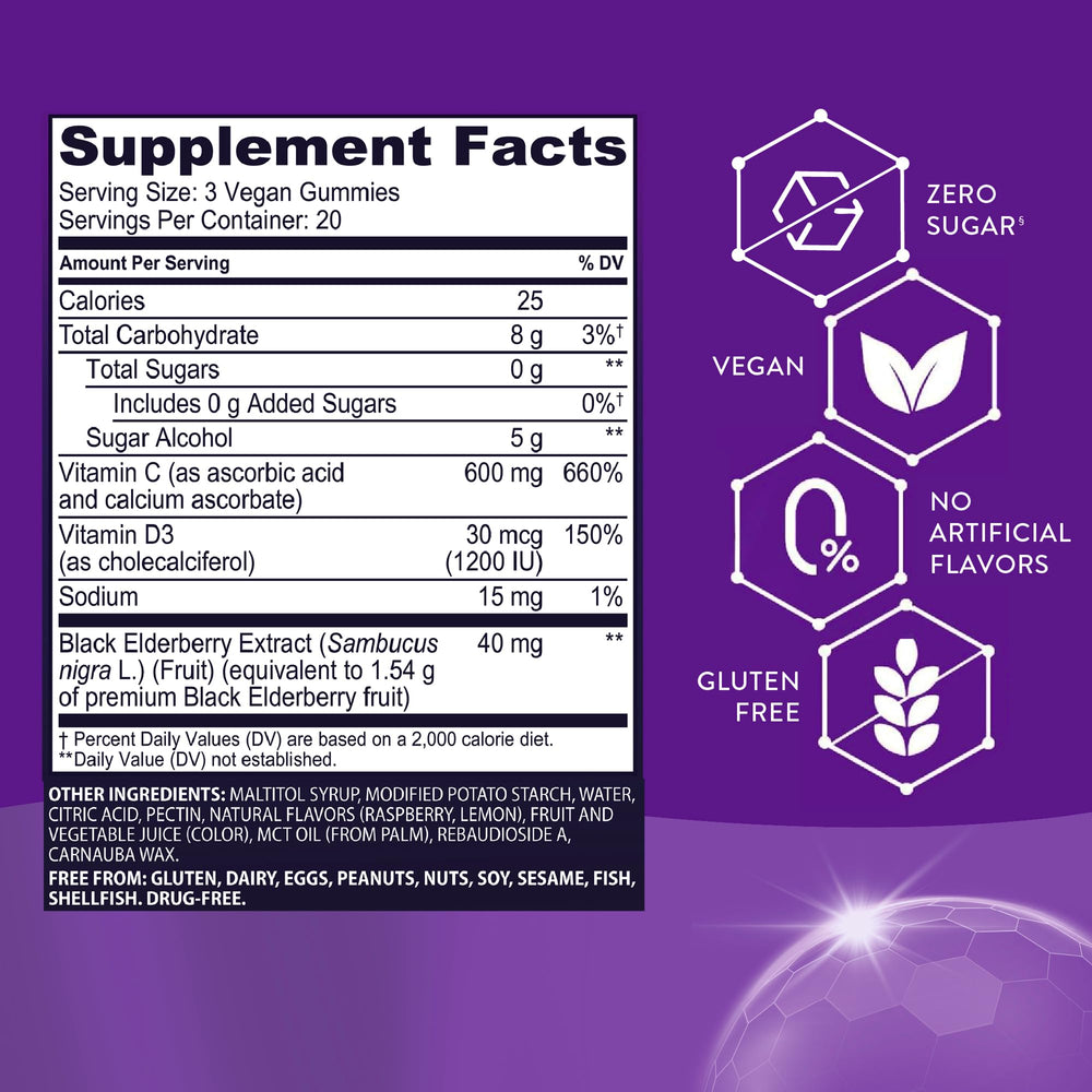 Sambucol gummies close-up highlighting berry color and sugar-free formula.