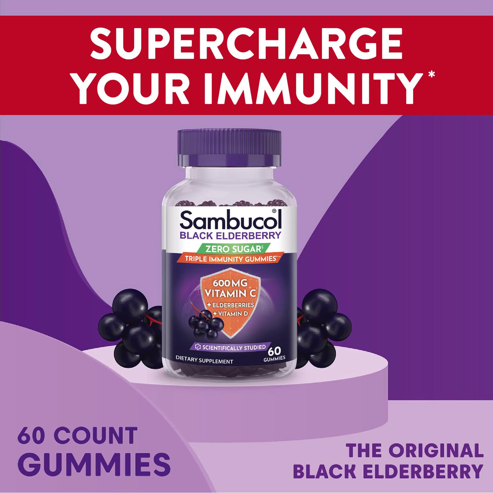 Sambucol gluten-free and vegan-friendly gummy packaging emphasizes clean daily wellness.