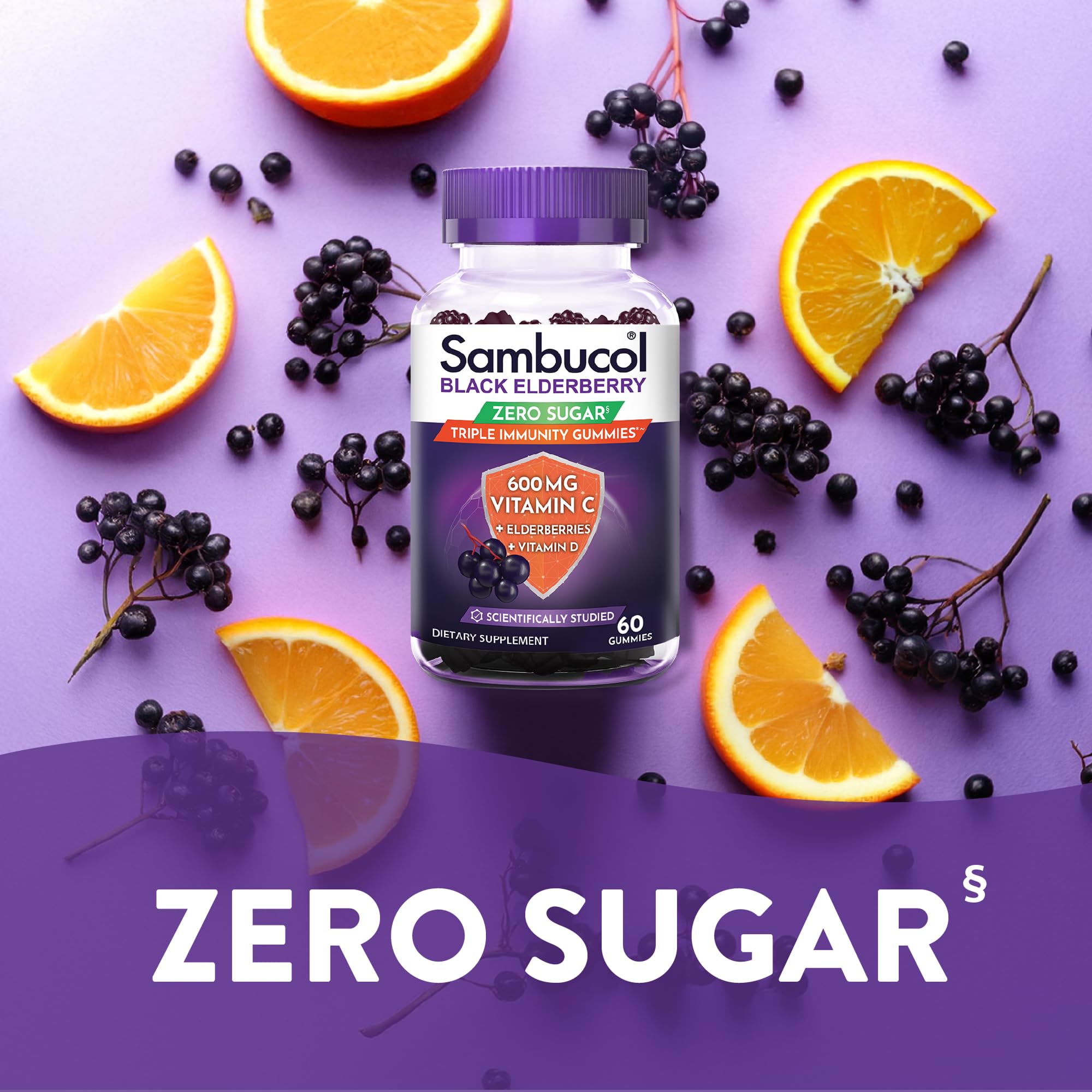 Sambucol bottle front label highlights Vitamin C and D3 support.