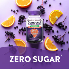 Sambucol bottle front label highlights Vitamin C and D3 support.