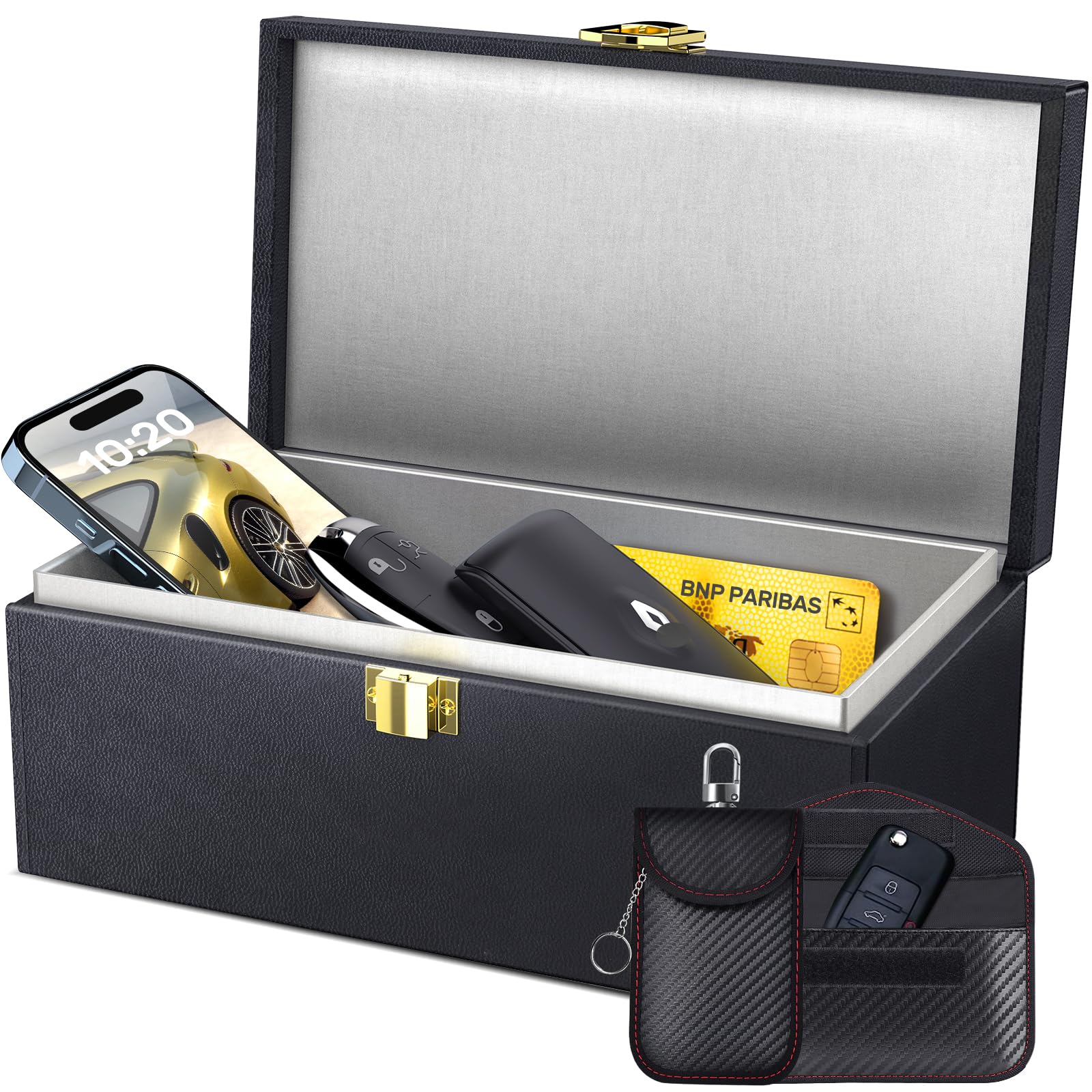 Samfolk Faraday Box front view with wood and leather finish for secure keys.