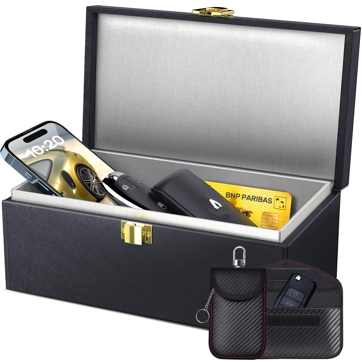 Samfolk Faraday Box front view with wood and leather finish for secure keys.