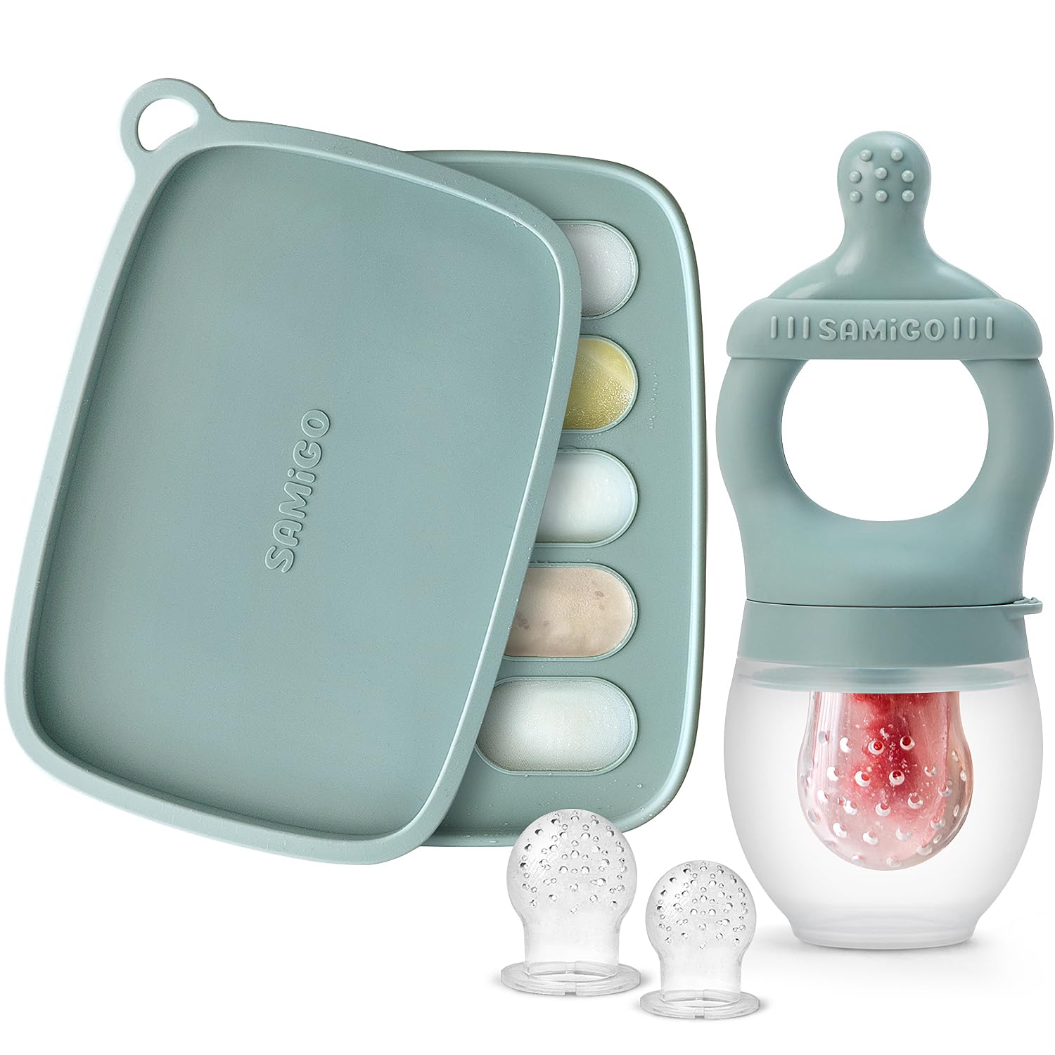 SAMiGO baby food feeder with popsicle set for safe frozen treats and teething relief.
