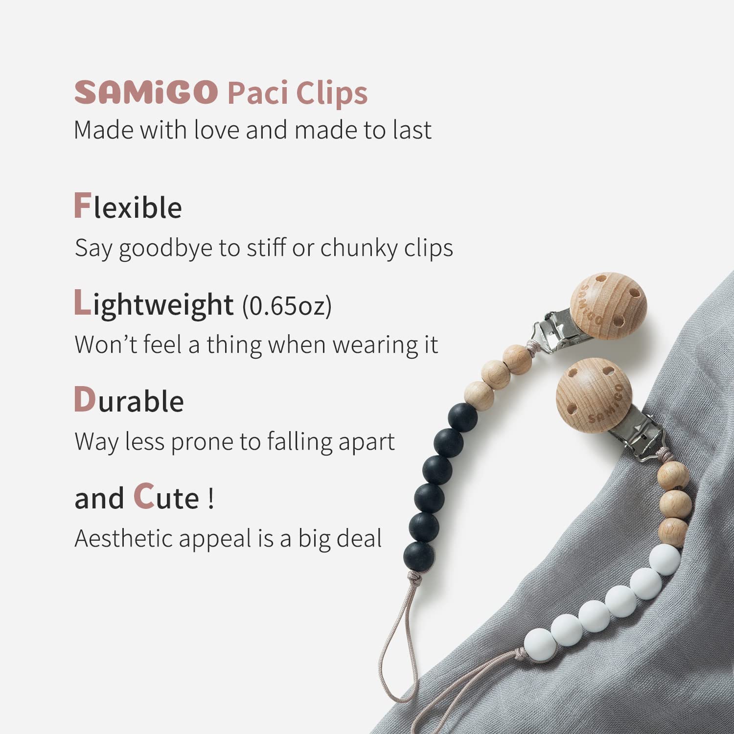 SAMiGO pacifier clip color palette for versatile styling with baby outfits.