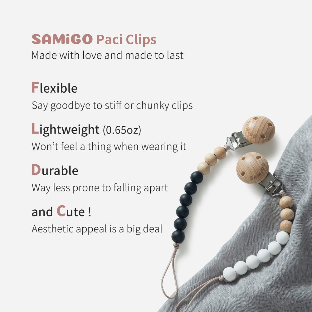 SAMiGO pacifier clip color palette for versatile styling with baby outfits.
