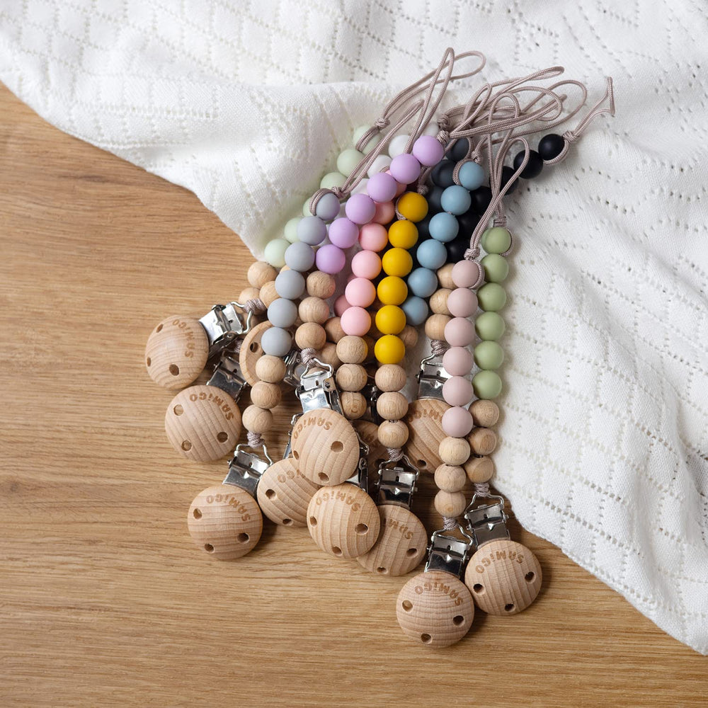 SAMiGO two-pack pacifier clips for everyday baby setups and backups.