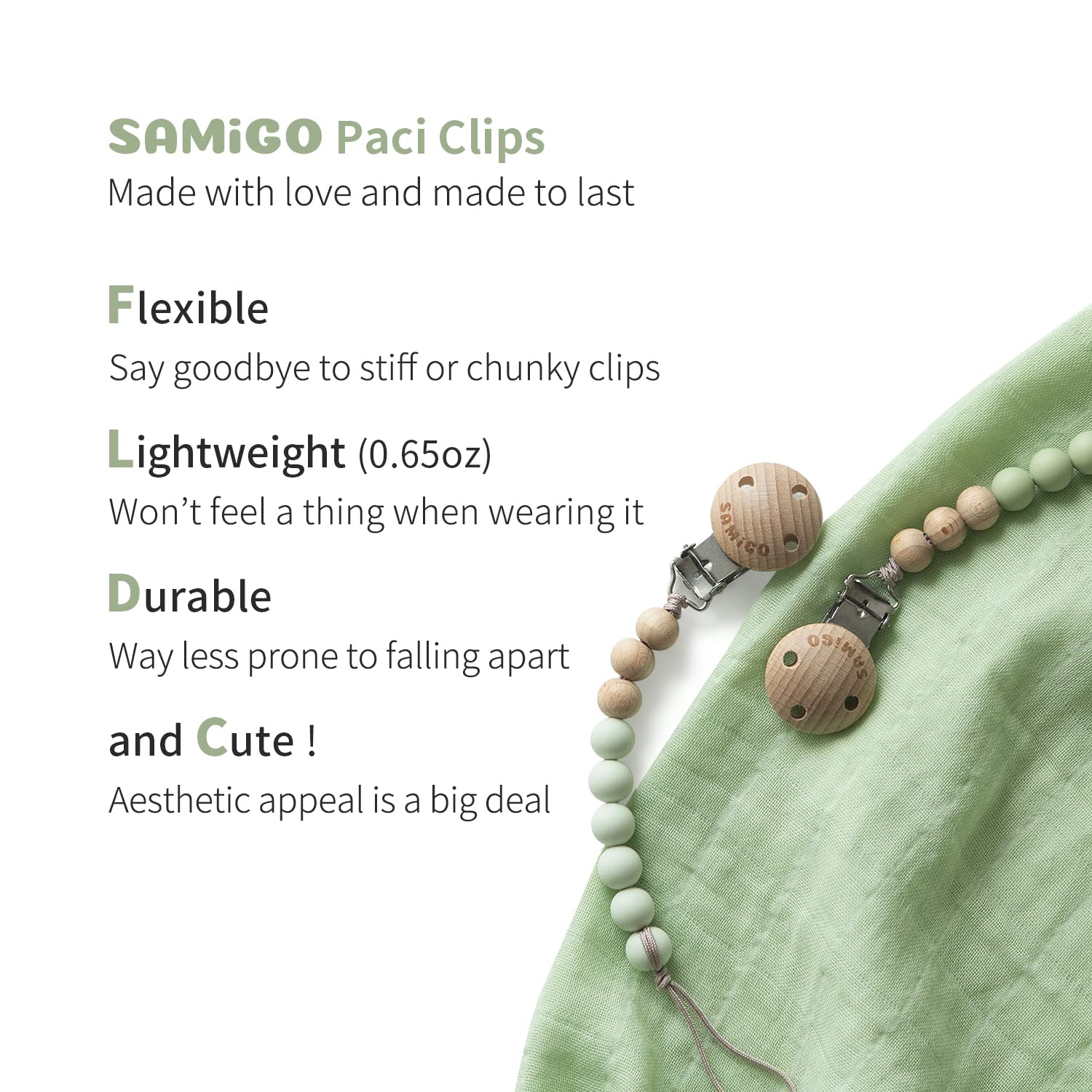 SAMiGO pacifier clips colorways showcase six color options for coordinated outfits.