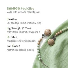 SAMiGO pacifier clips colorways showcase six color options for coordinated outfits.
