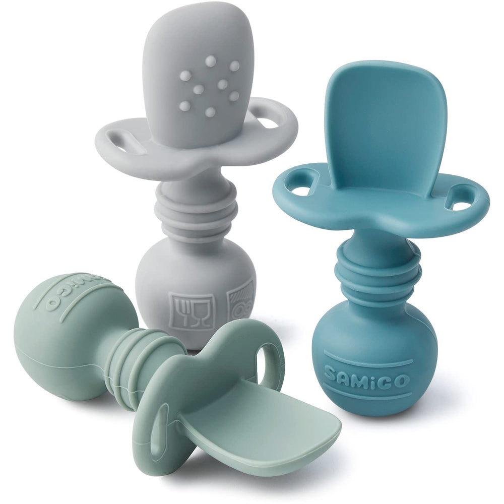 SAMiGO silicone baby spoons set of 3, front view for easy self-feeding