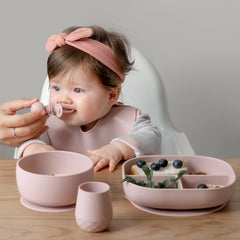 SAMiGO silicone baby spoons textured handle closeup showing easy grip for tiny hands