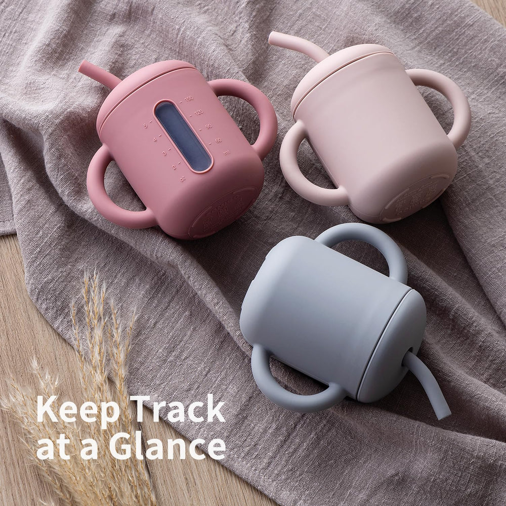SAMiGO sippy cup shows clear measurement window for accurate portions.