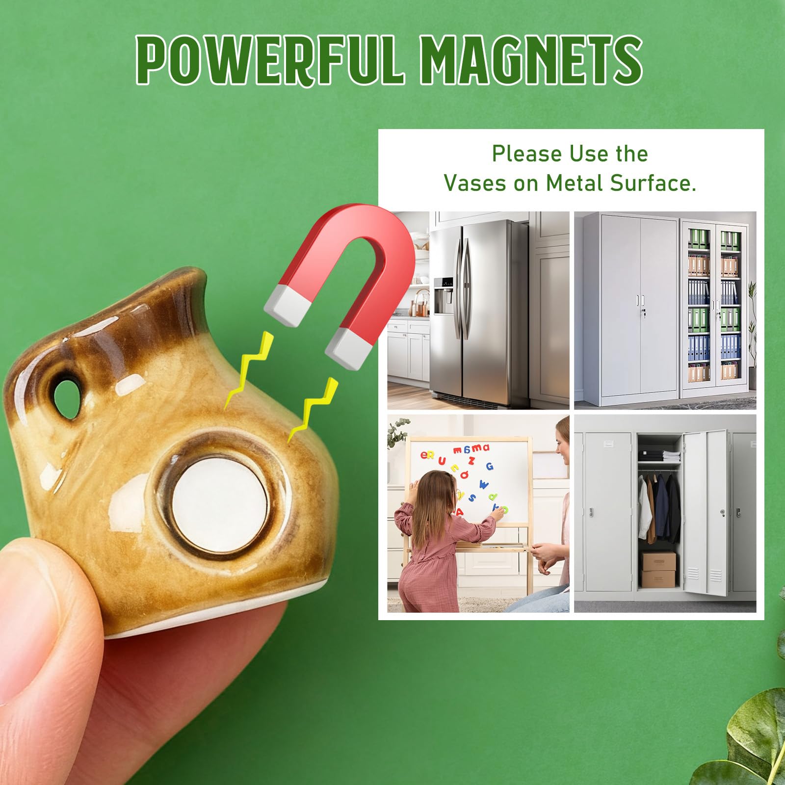 Samlior mini ceramic vase fridge magnet with green square glaze, tidy reminders.