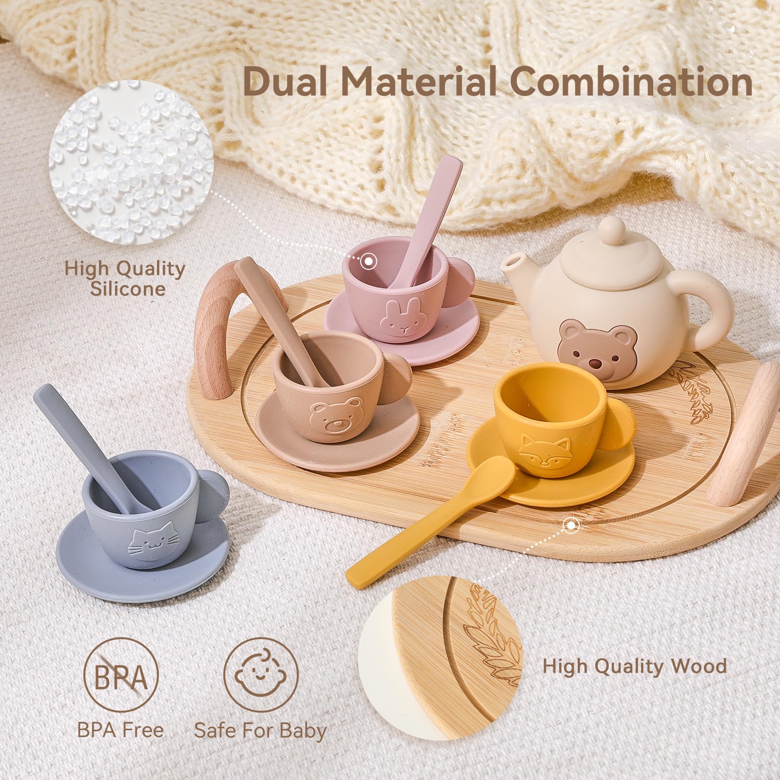 Samonyed wooden tray providing sturdy display for tea set