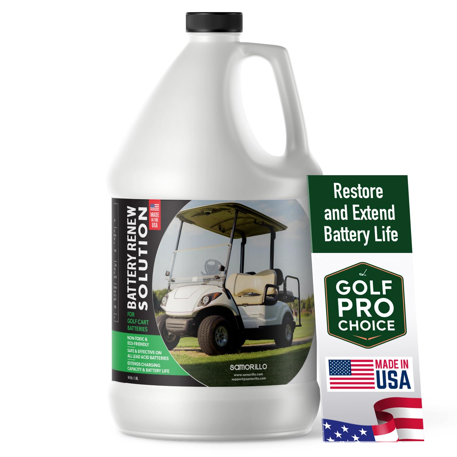 Samorillo Battery Renew Solution 64oz bottle shows premium quality for extending lead-acid life.