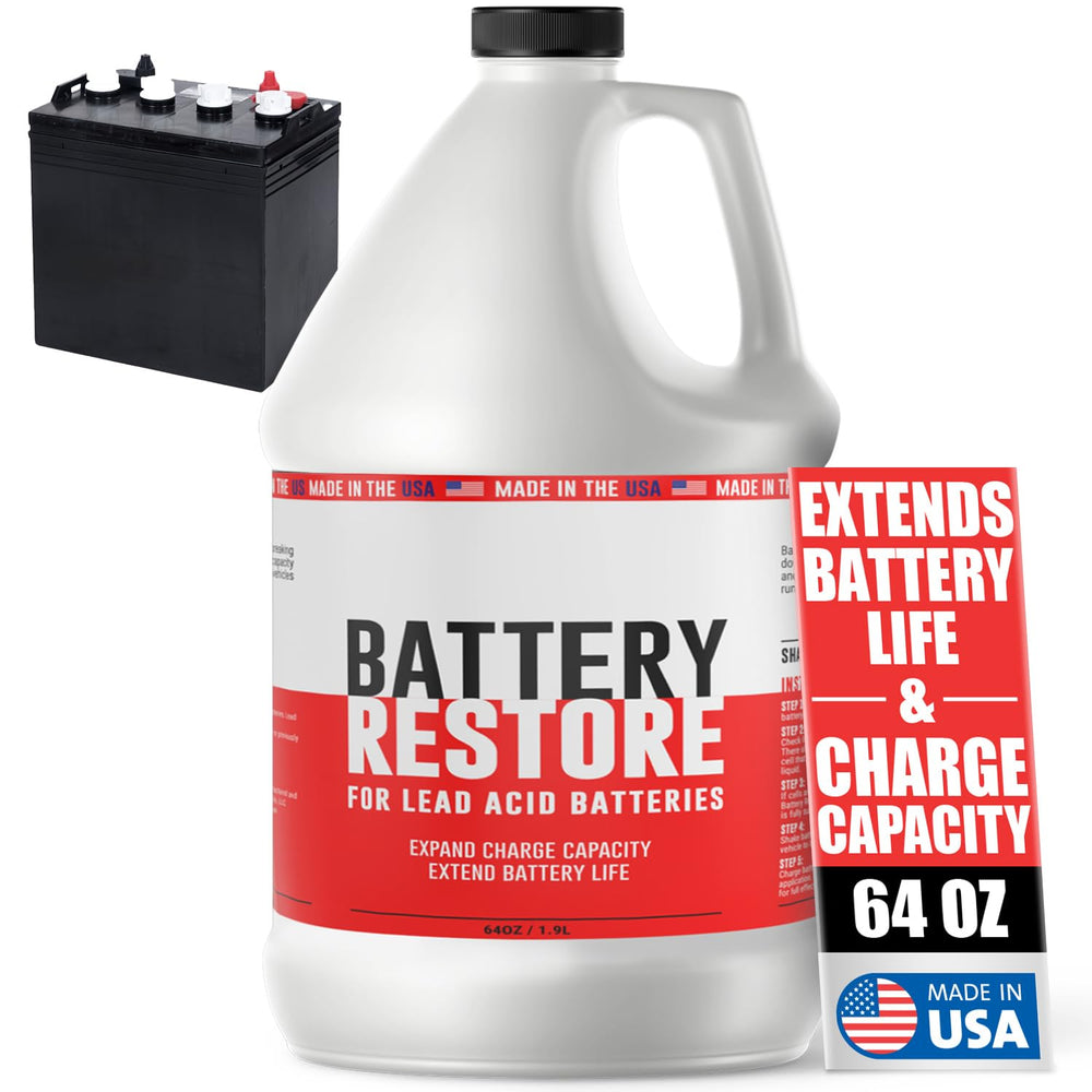 Samorillo Battery Restore bottle pours to refresh lead-acid batteries and extend life.