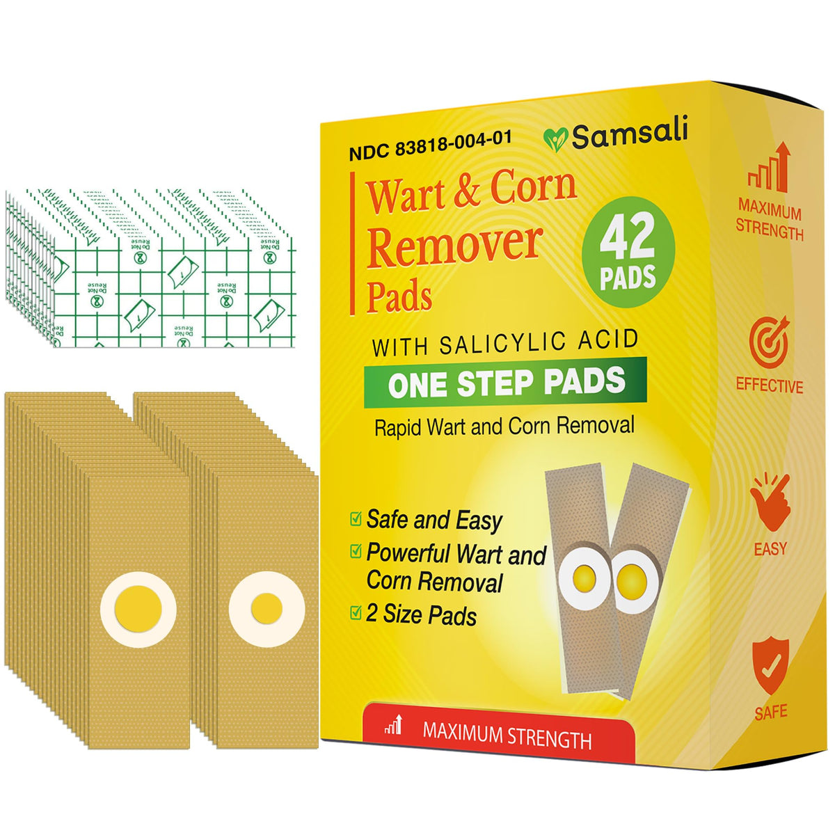 Samsali wart remover pads pack close-up showing two sizes for versatile foot and hand care.