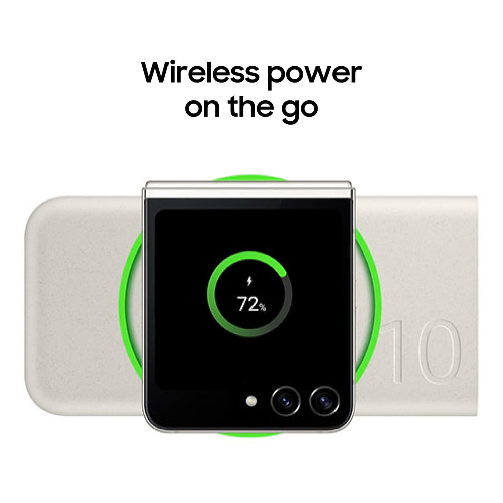 Samsung dual-port battery pack beige powering Galaxy Buds and phone