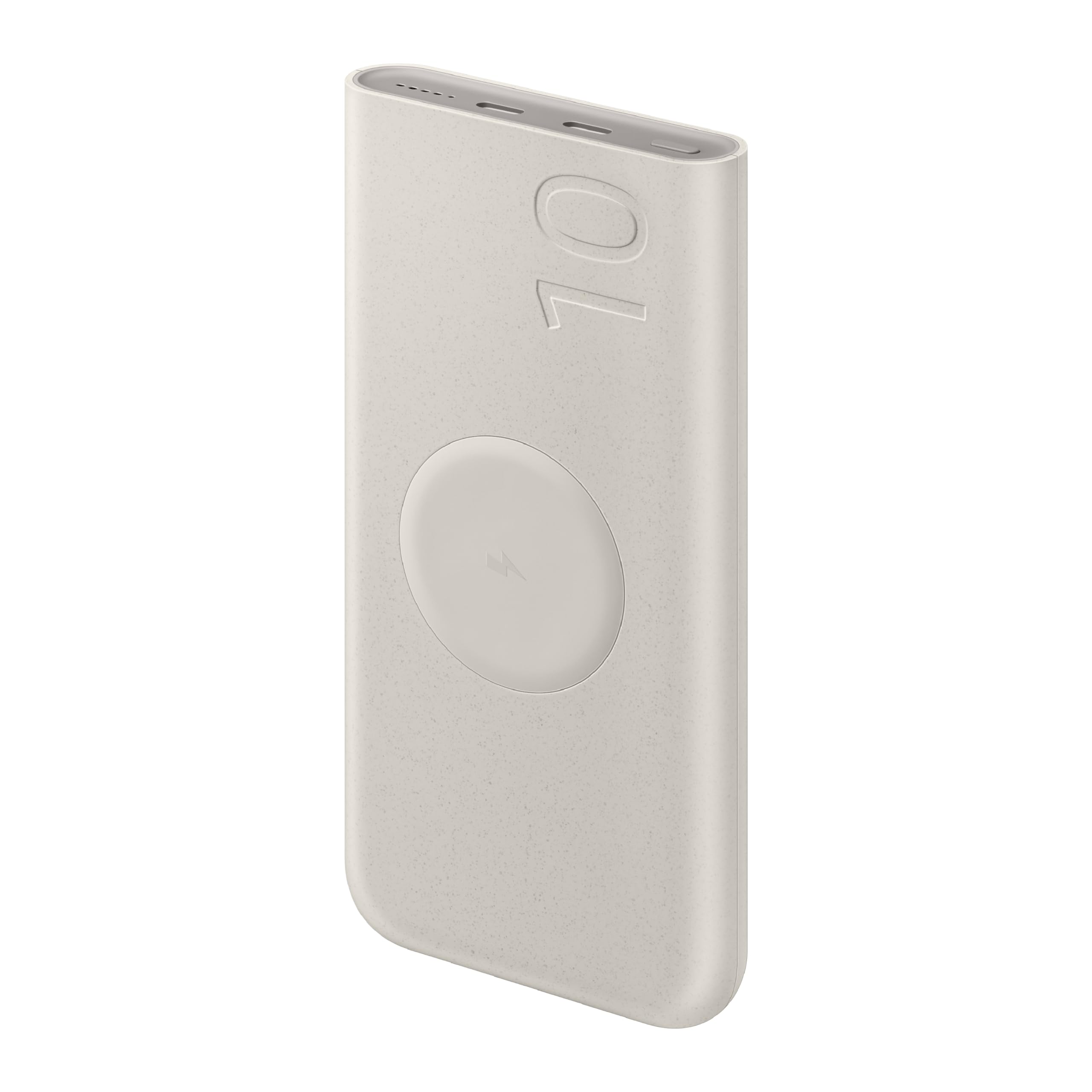 Samsung 25W 10000mAh beige battery pack charging while traveling