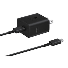 Samsung 25W power adapter front view shows compact travel-friendly design.