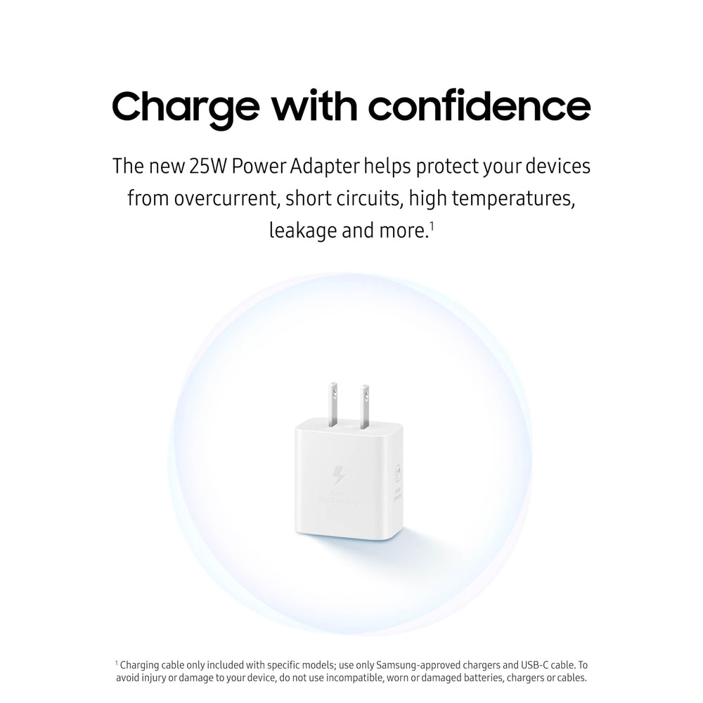 Samsung 25W power adapter in hand for on-the-go charging.