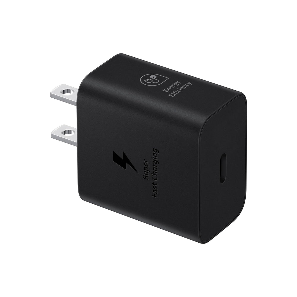 Samsung 25W wall charger compact design ideal for travel and desk use.