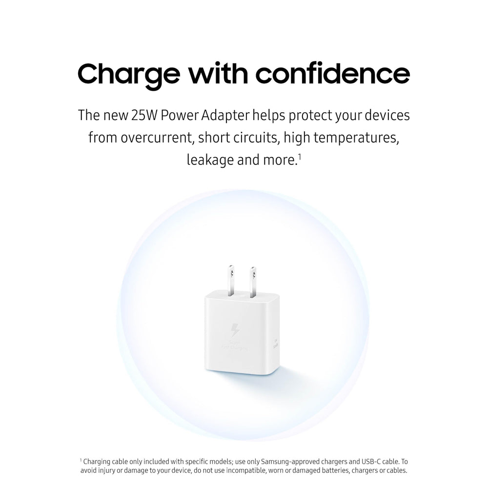 Samsung 25W wall charger protects against overcurrent and overheating.
