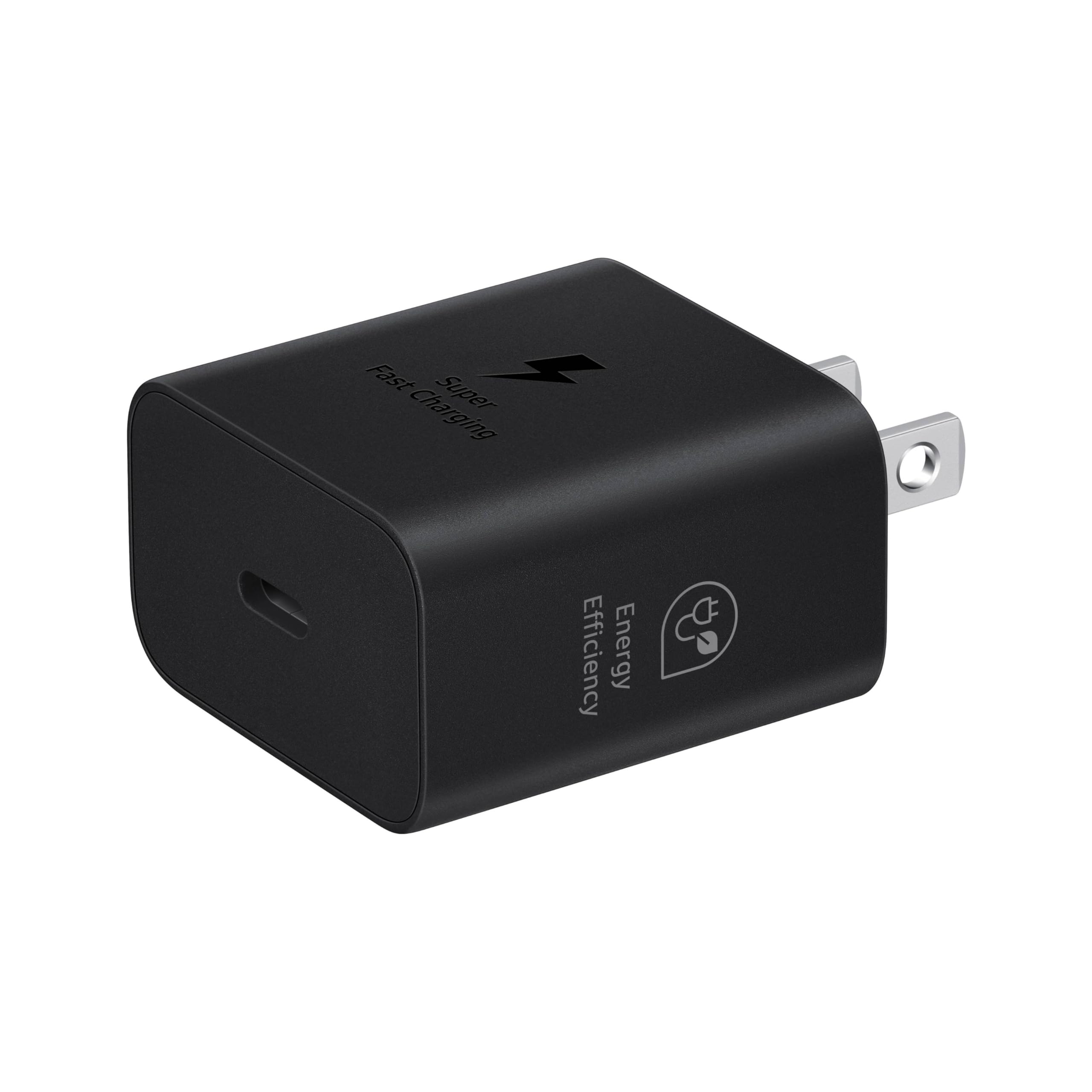 Samsung 25W wall charger with safety protections for connected devices.