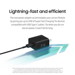 Samsung 25W wall charger delivers fast charging for USB-C devices.