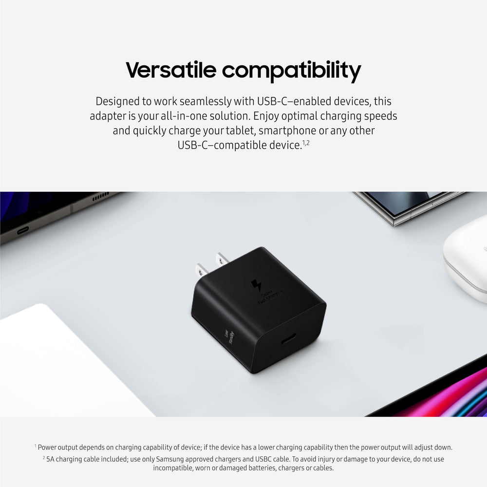 Samsung 45W charger providing efficient power to a tablet simultaneously.