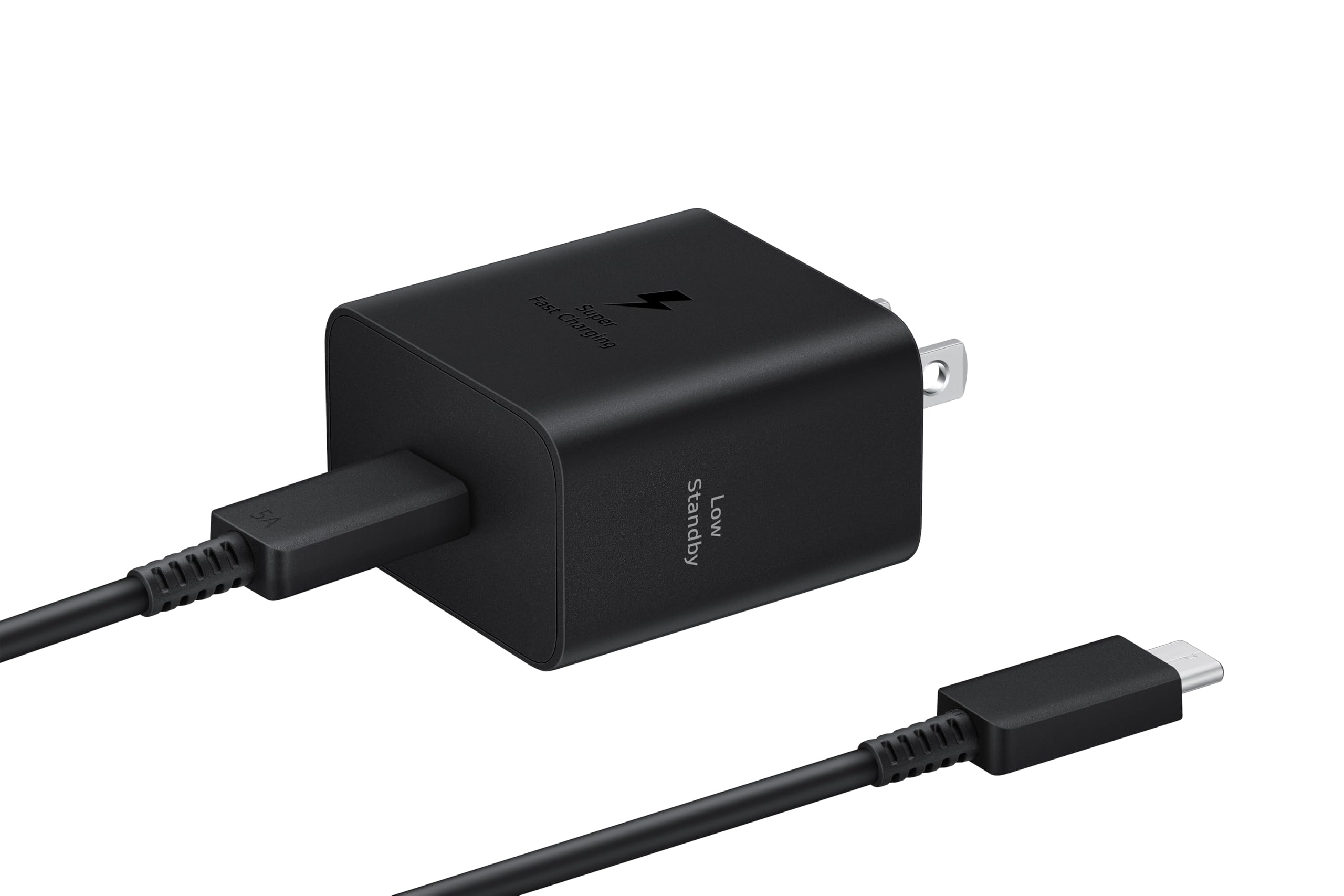 Samsung 45W wall charger front view, compact design for fast charging on the go.