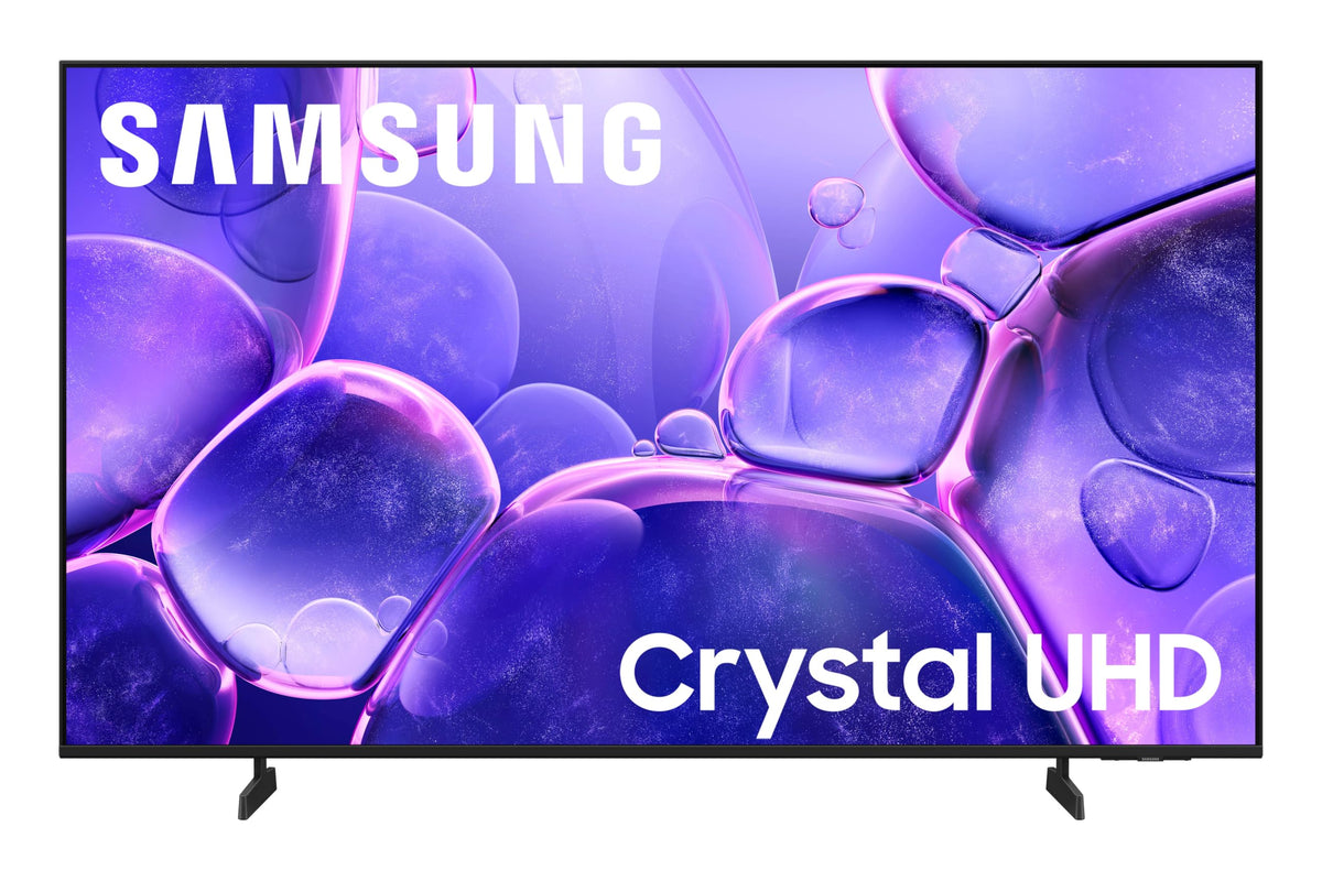 Samsung 55 inch Crystal UHD U8000F front view shows slim metal design for a sleek living room setup