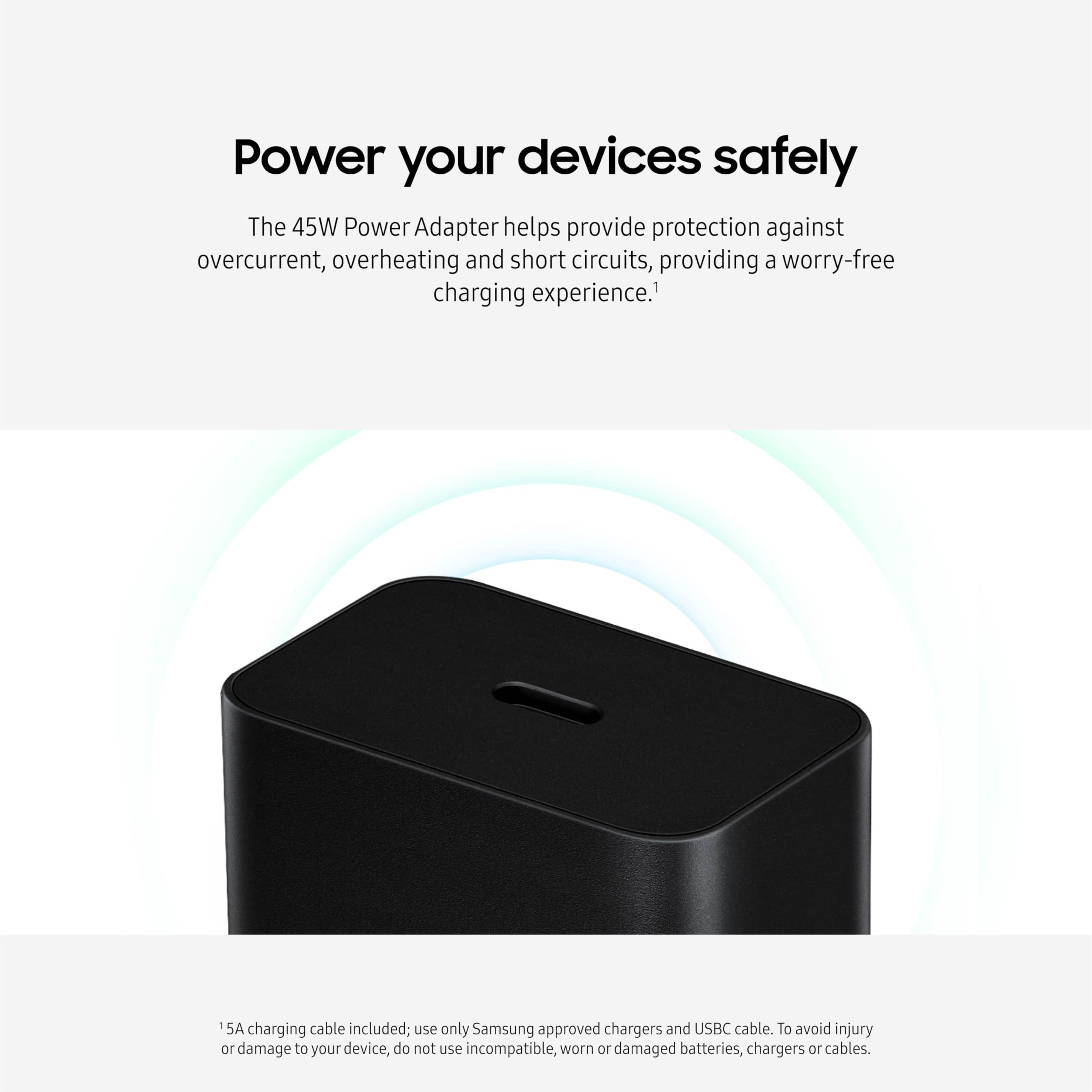 Samsung compact charger design in black fits in a bag.