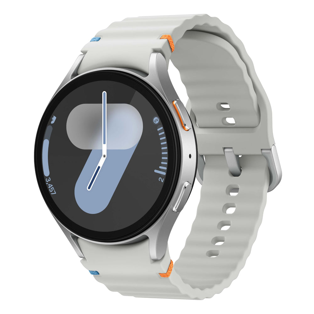 Samsung Galaxy Watch7 44mm front view in silver for daily fitness tracking.